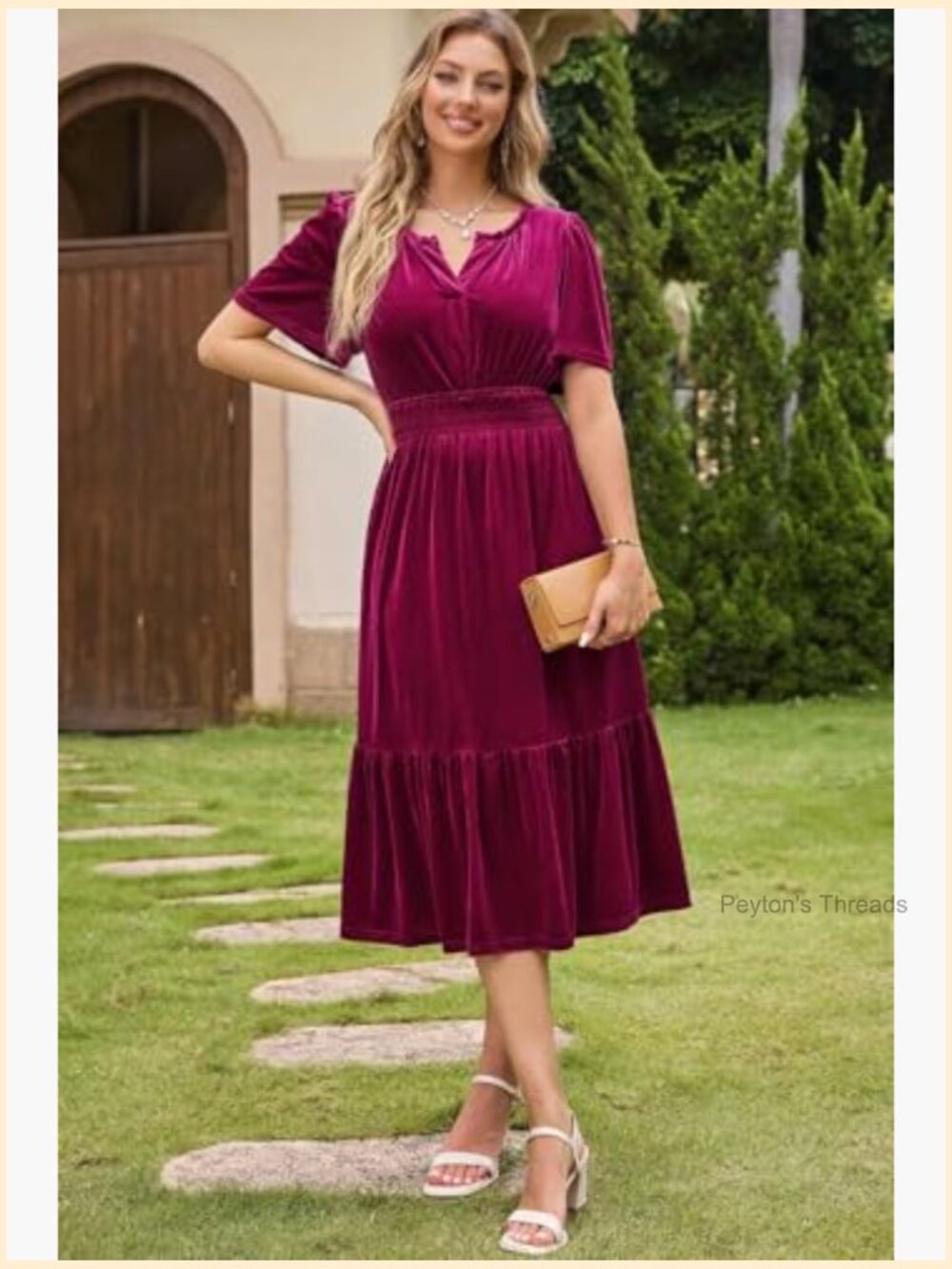 Velvet V-Neck Short Flared Sleeve Wedding Guest Dress with Pockets - Picture 3 of 6